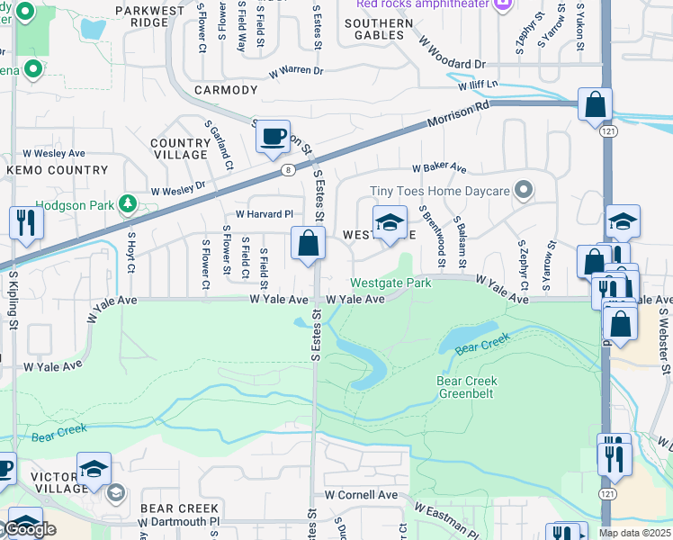 map of restaurants, bars, coffee shops, grocery stores, and more near 2557 South Dover Street in Lakewood