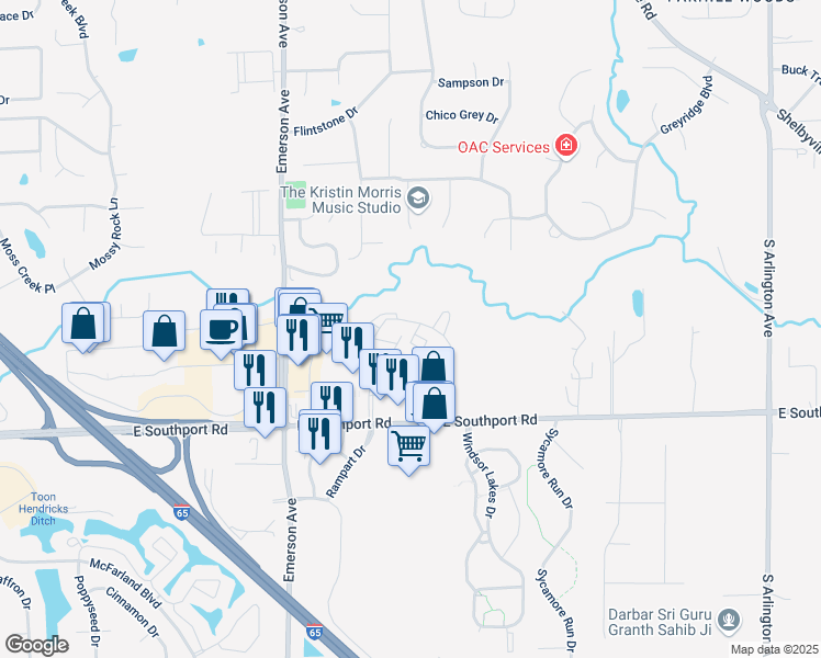 map of restaurants, bars, coffee shops, grocery stores, and more near 6810 Valley Ridge Drive in Indianapolis