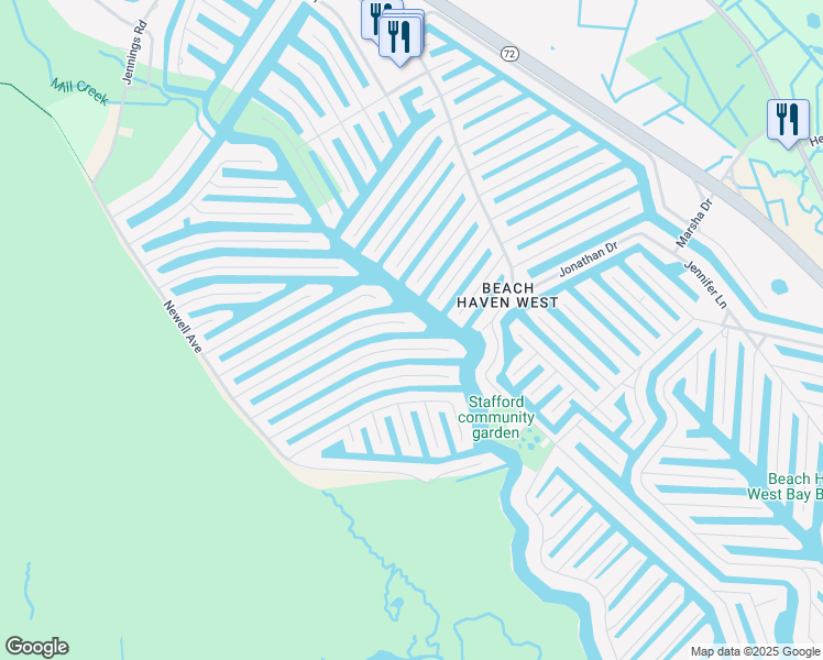 map of restaurants, bars, coffee shops, grocery stores, and more near 212 Matilda Drive in Stafford Township