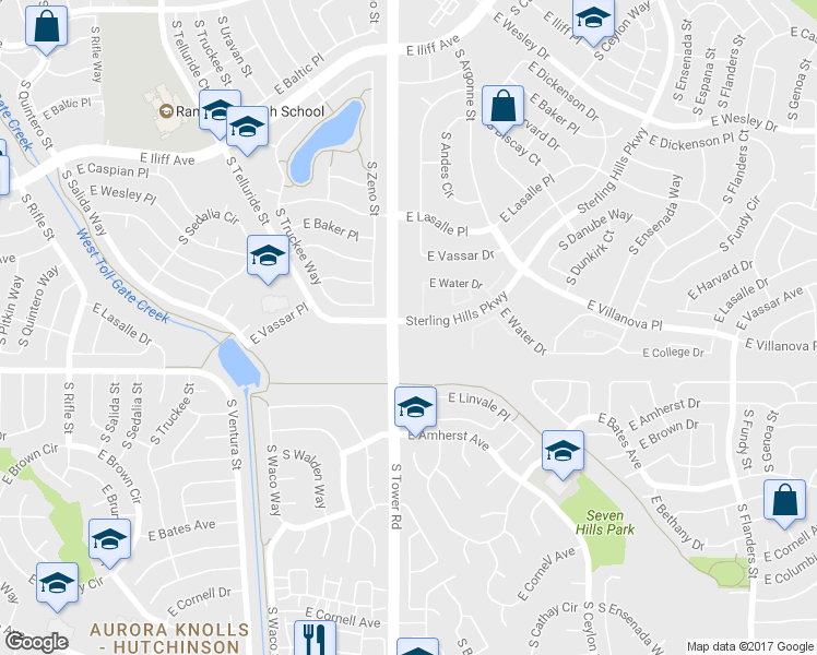 map of restaurants, bars, coffee shops, grocery stores, and more near 2684 Sterling Hills Parkway in Aurora