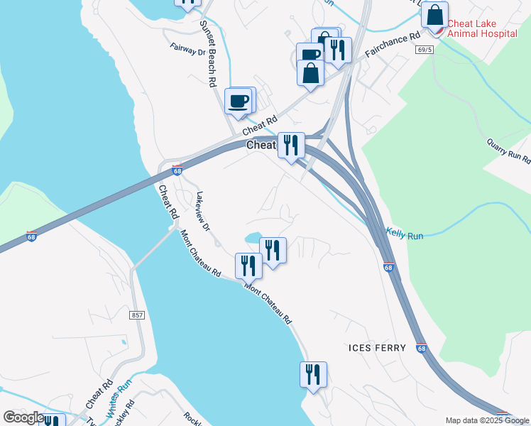 map of restaurants, bars, coffee shops, grocery stores, and more near 426 Saint Andrews Drive in Morgantown