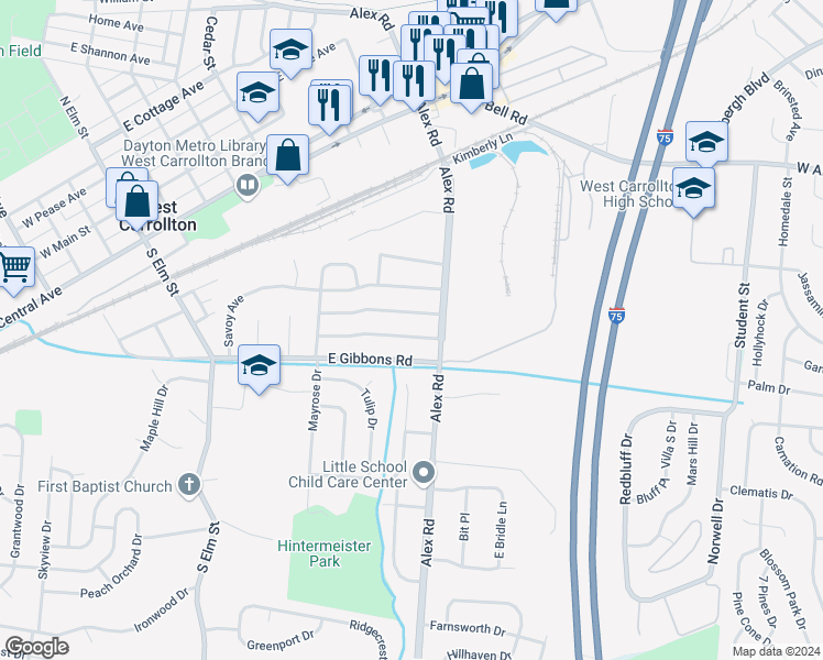 map of restaurants, bars, coffee shops, grocery stores, and more near 429 Enxing Avenue in Dayton