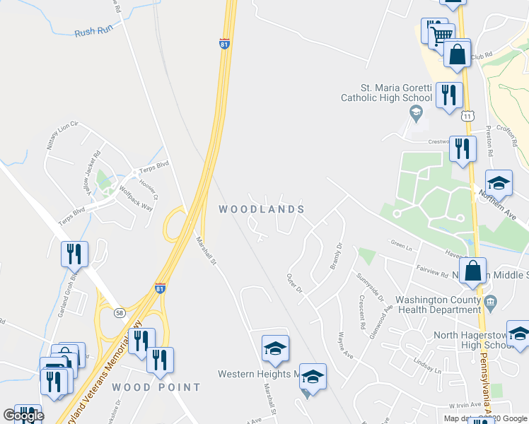 map of restaurants, bars, coffee shops, grocery stores, and more near 1605 Woodlands Run in Hagerstown