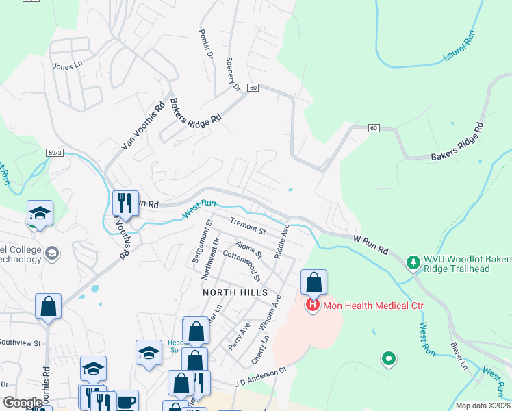 map of restaurants, bars, coffee shops, grocery stores, and more near 414 Creekside Drive in Morgantown