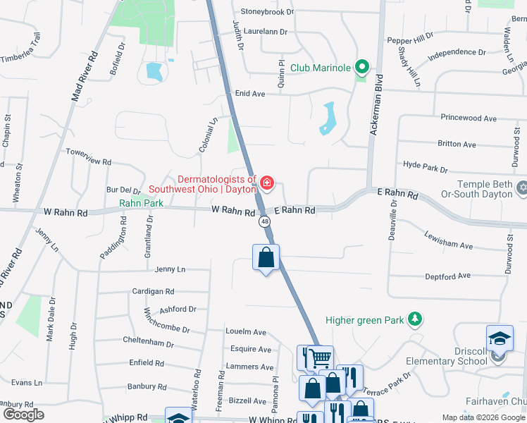 map of restaurants, bars, coffee shops, grocery stores, and more near Far Hills Ave & E Rahn Rd in Dayton