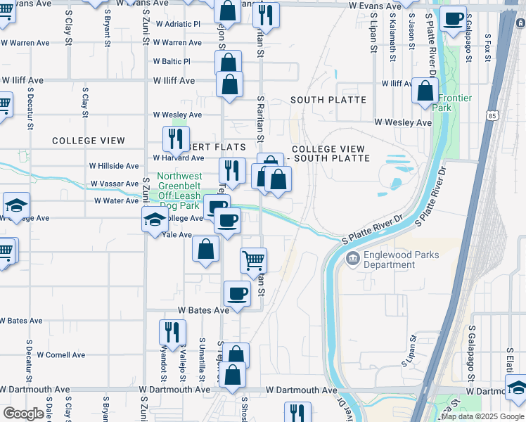 map of restaurants, bars, coffee shops, grocery stores, and more near 2609 South Raritan Street in Englewood