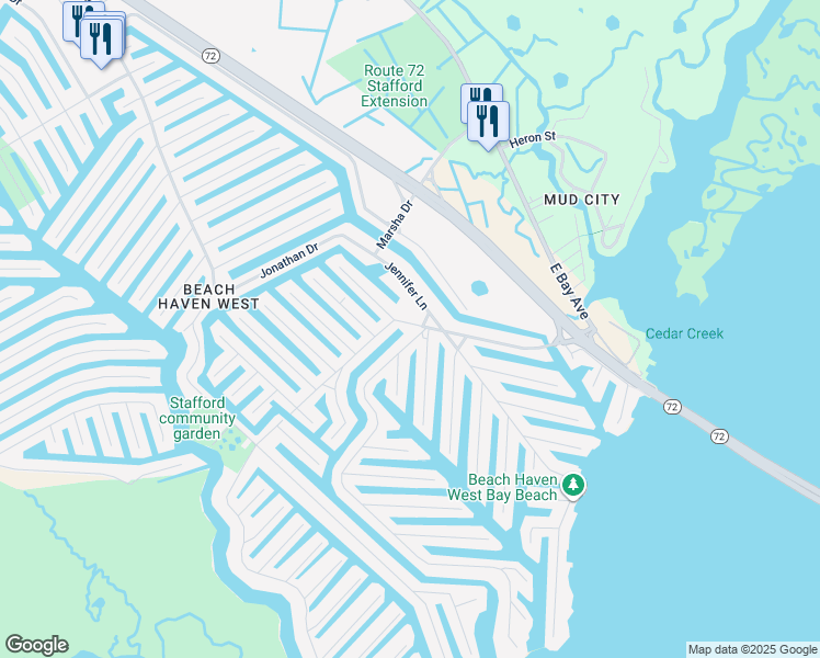 map of restaurants, bars, coffee shops, grocery stores, and more near 1084 Walter Boulevard in Stafford Township