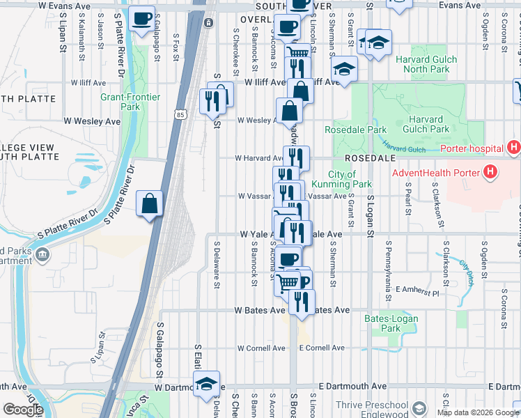 map of restaurants, bars, coffee shops, grocery stores, and more near 2630 South Bannock Street in Denver