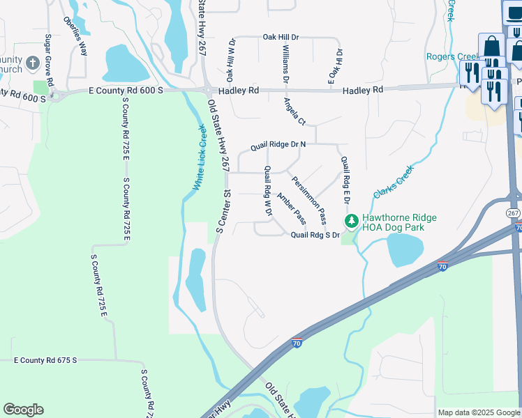 map of restaurants, bars, coffee shops, grocery stores, and more near 6402 Quail Ridge South Drive in Plainfield