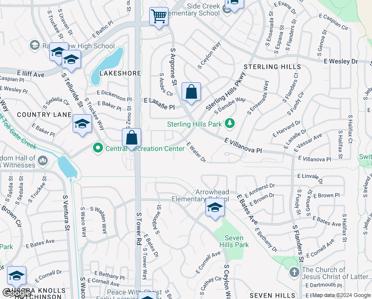 map of restaurants, bars, coffee shops, grocery stores, and more near 18727 East Yale Circle in Aurora