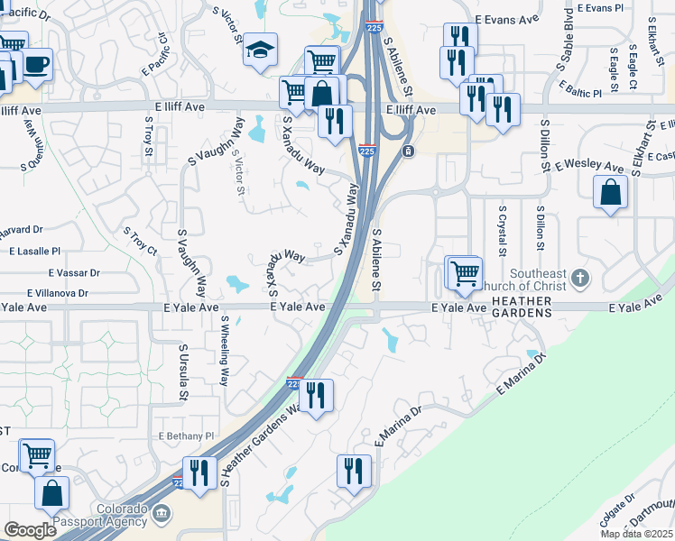 map of restaurants, bars, coffee shops, grocery stores, and more near 2608 South Xanadu Way in Aurora