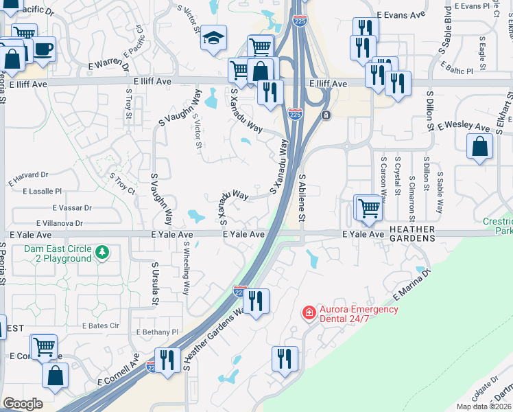map of restaurants, bars, coffee shops, grocery stores, and more near 2640 South Xanadu Way in Aurora