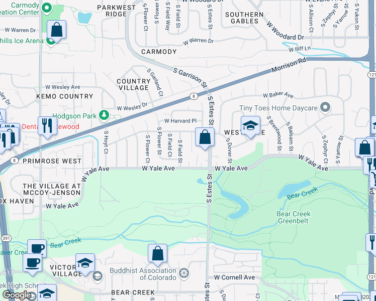 map of restaurants, bars, coffee shops, grocery stores, and more near 2624 South Field Street in Lakewood