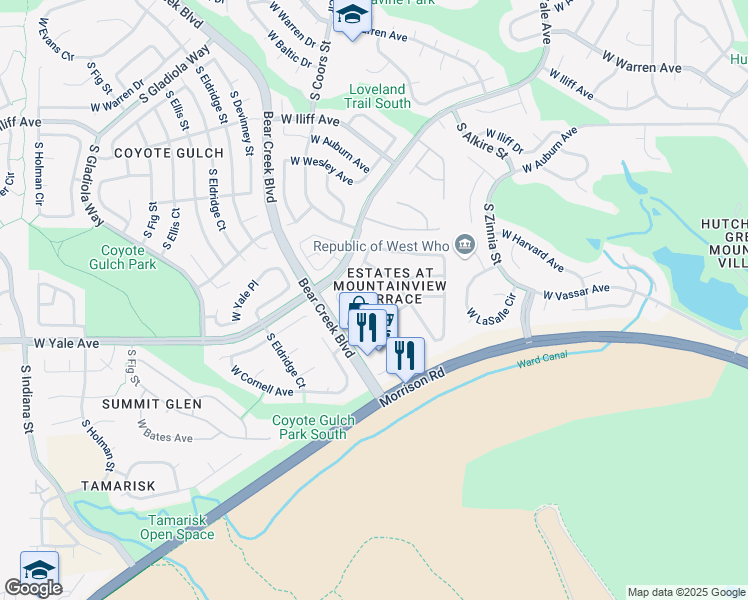 map of restaurants, bars, coffee shops, grocery stores, and more near 13847 West Amherst Drive in Lakewood