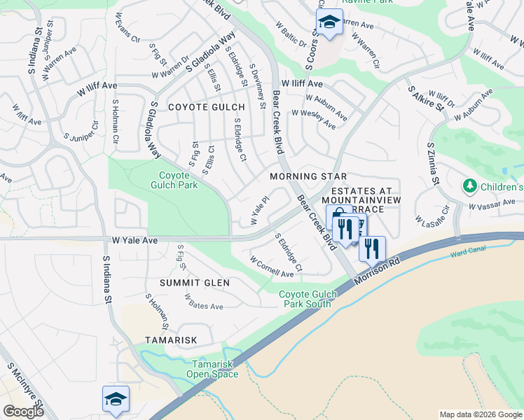 map of restaurants, bars, coffee shops, grocery stores, and more near 14414 West Yale Place in Lakewood