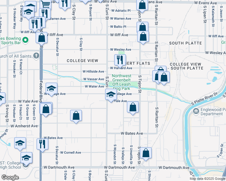 map of restaurants, bars, coffee shops, grocery stores, and more near 2335 West College Avenue in Englewood