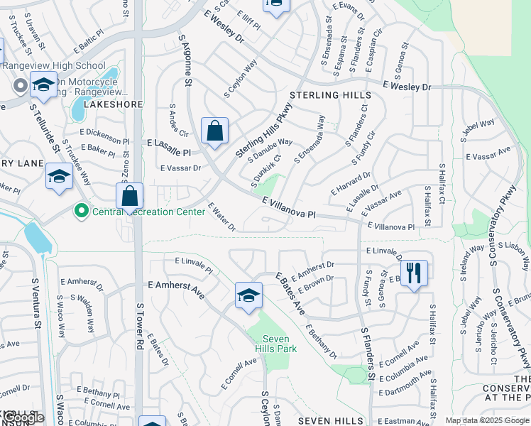 map of restaurants, bars, coffee shops, grocery stores, and more near 2672 South Cathay Way in Aurora