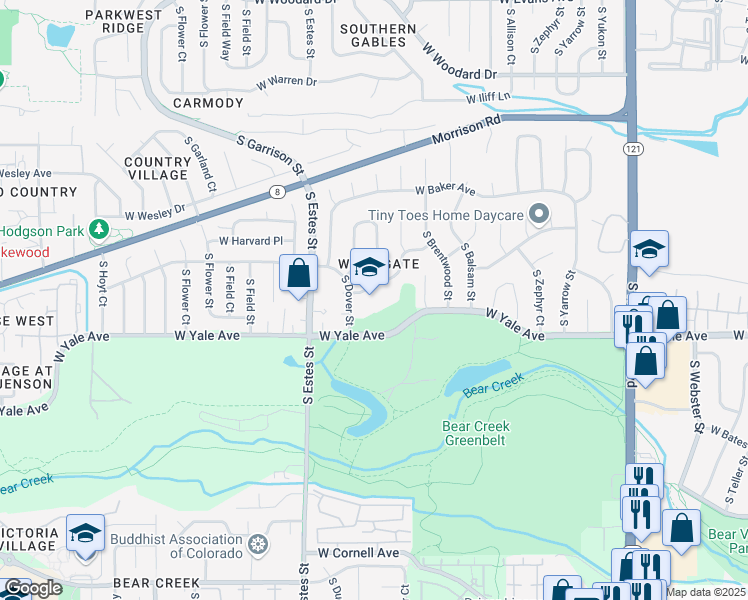 map of restaurants, bars, coffee shops, grocery stores, and more near 8550 West Vassar Drive in Lakewood