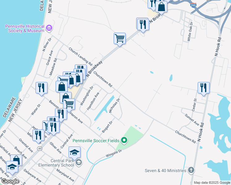 map of restaurants, bars, coffee shops, grocery stores, and more near 45 Churchtown Road in Pennsville Township