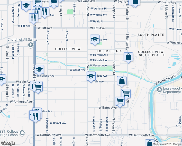 map of restaurants, bars, coffee shops, grocery stores, and more near 2335 West College Avenue in Englewood