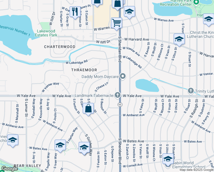 map of restaurants, bars, coffee shops, grocery stores, and more near 2630 South Chase Lane in Lakewood