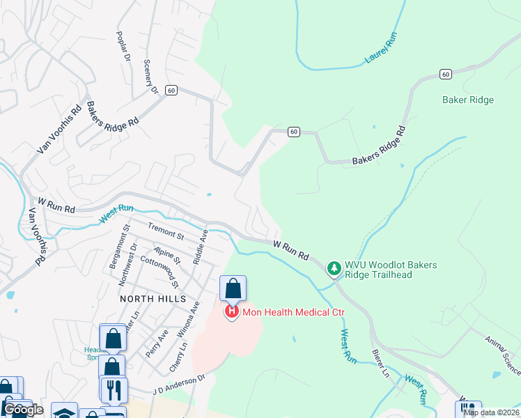 map of restaurants, bars, coffee shops, grocery stores, and more near 243 Palisades Drive in Morgantown