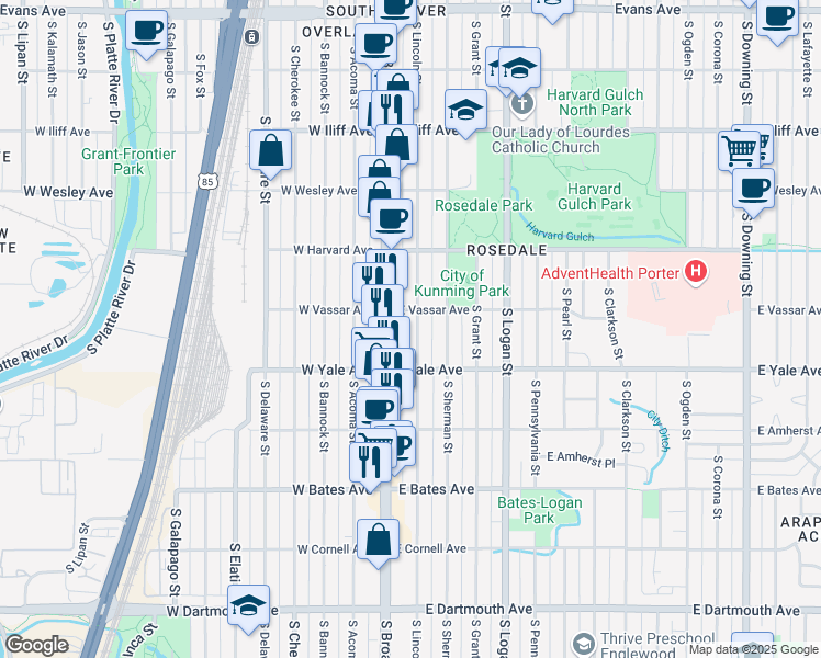 map of restaurants, bars, coffee shops, grocery stores, and more near 2621 South Lincoln Street in Denver