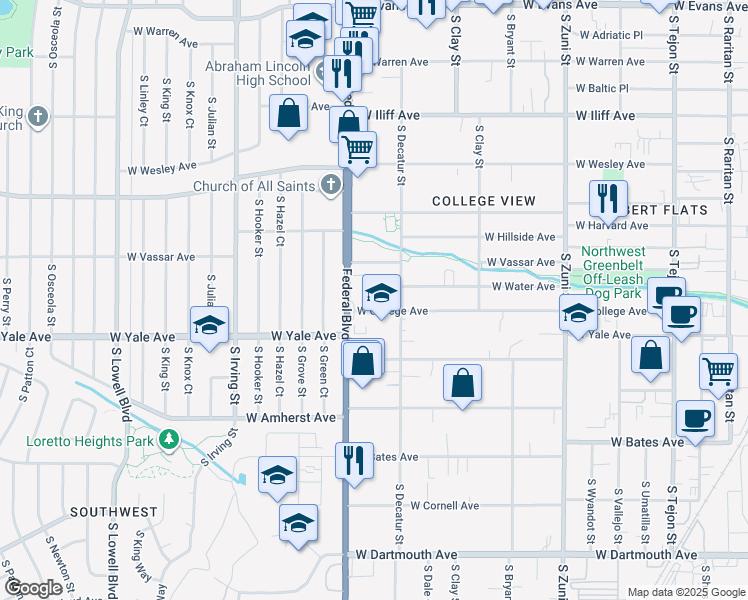 map of restaurants, bars, coffee shops, grocery stores, and more near 2909 West College Avenue in Denver
