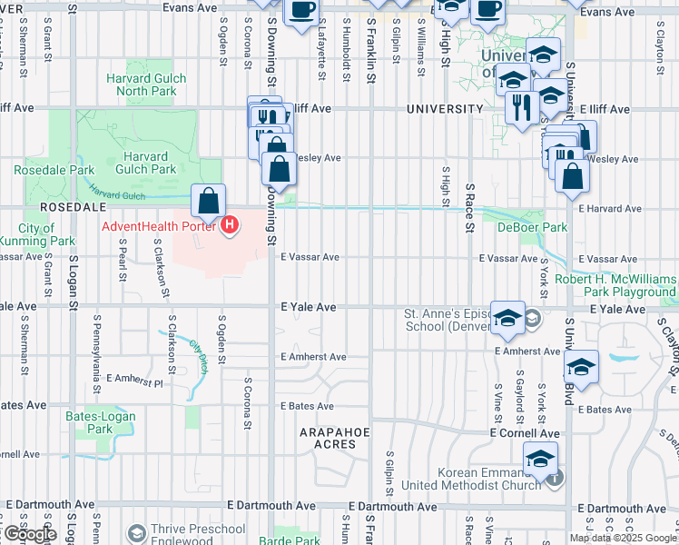 map of restaurants, bars, coffee shops, grocery stores, and more near 2625 South Humboldt Street in Denver