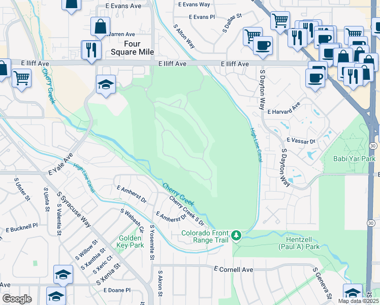 map of restaurants, bars, coffee shops, grocery stores, and more near 9191 East Harvard Avenue in Denver