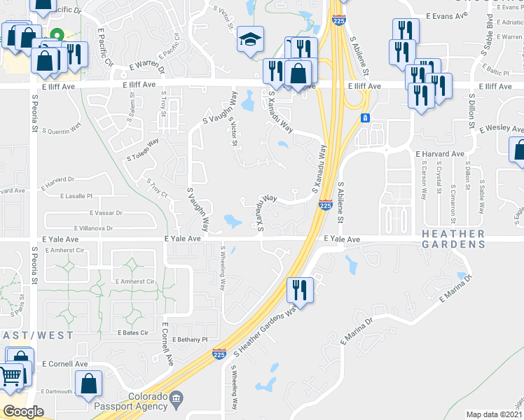 map of restaurants, bars, coffee shops, grocery stores, and more near 2672 South Xanadu Way in Aurora