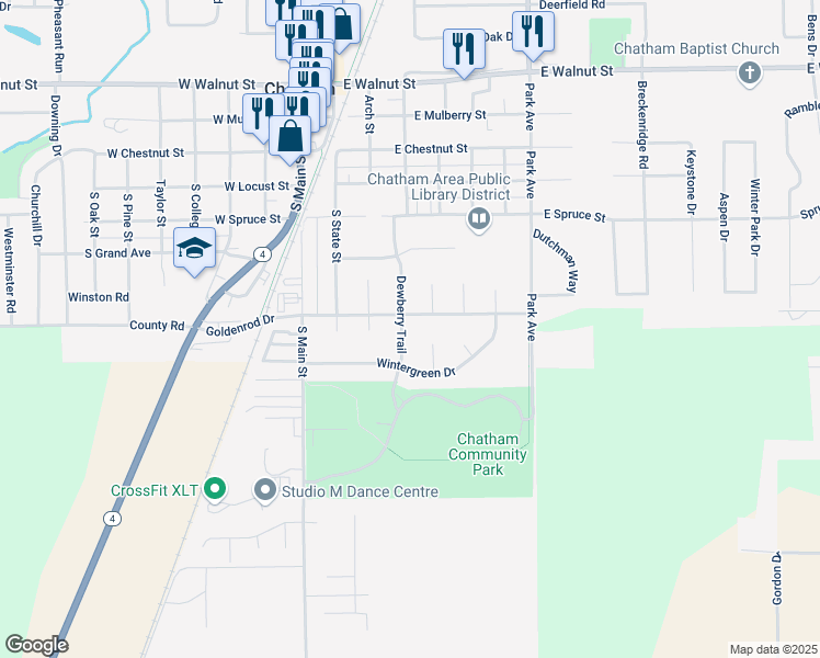 map of restaurants, bars, coffee shops, grocery stores, and more near 506 Dewberry Trail in Chatham