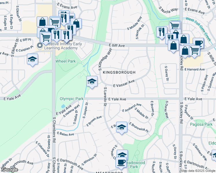 map of restaurants, bars, coffee shops, grocery stores, and more near 2604 South Laredo Street in Aurora