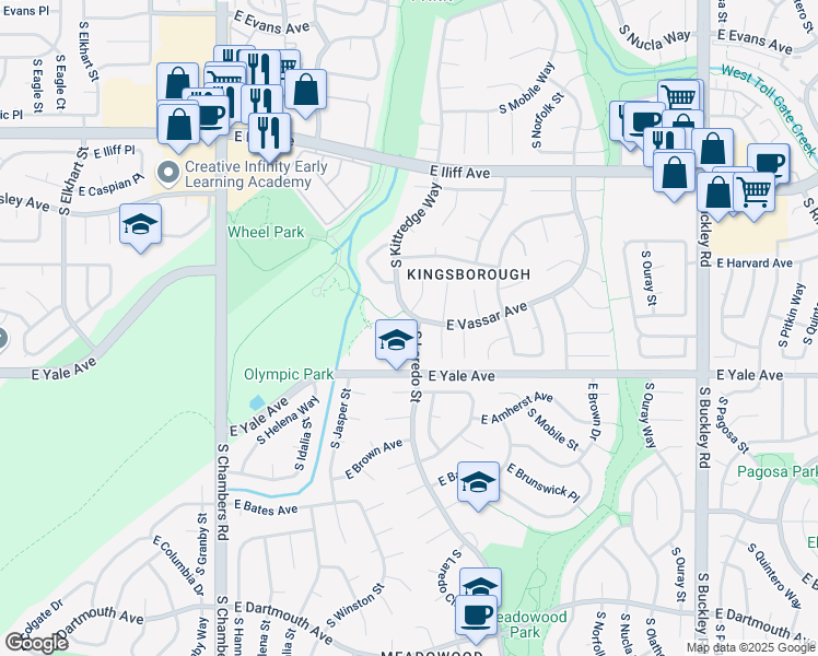 map of restaurants, bars, coffee shops, grocery stores, and more near 2604 South Laredo Street in Aurora