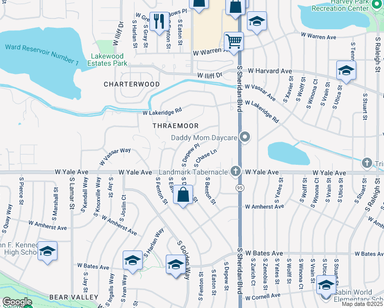 map of restaurants, bars, coffee shops, grocery stores, and more near 2668 South Depew Place in Lakewood