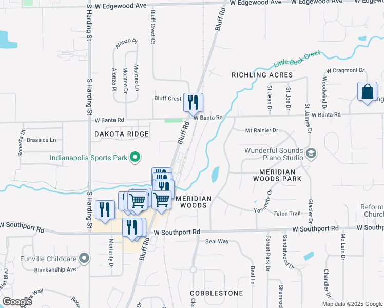 map of restaurants, bars, coffee shops, grocery stores, and more near 6650 Creek Bay Drive in Indianapolis