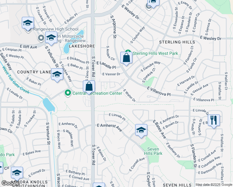 map of restaurants, bars, coffee shops, grocery stores, and more near 18727 East Yale Circle in Aurora