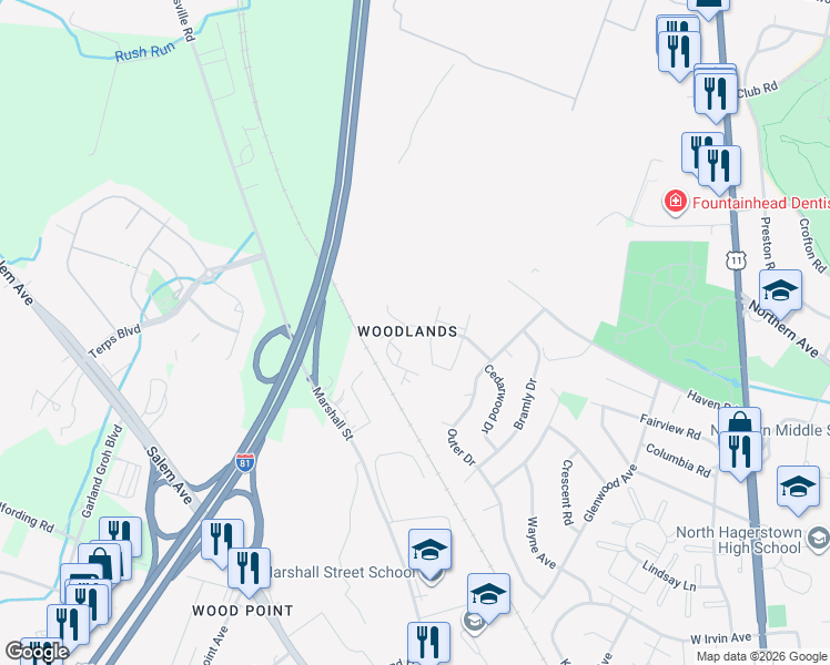 map of restaurants, bars, coffee shops, grocery stores, and more near 1601 Woodlands Run in Hagerstown