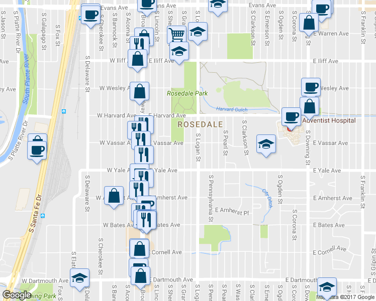map of restaurants, bars, coffee shops, grocery stores, and more near 2618 South Grant Street in Denver