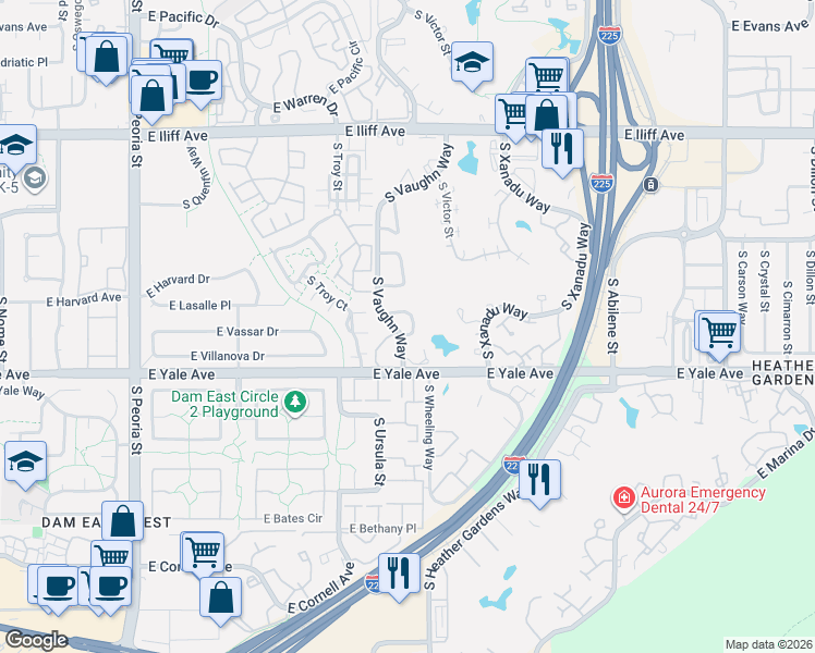 map of restaurants, bars, coffee shops, grocery stores, and more near 2650 South Vaughn Way in Aurora
