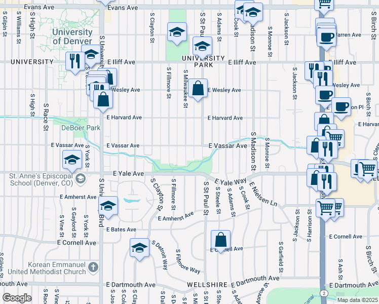 map of restaurants, bars, coffee shops, grocery stores, and more near 2616 South Milwaukee Street in Denver