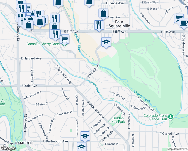 map of restaurants, bars, coffee shops, grocery stores, and more near 8400 East Yale Avenue in Denver