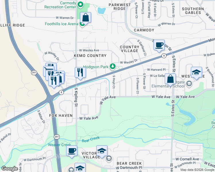 map of restaurants, bars, coffee shops, grocery stores, and more near 2562 South Independence Street in Lakewood