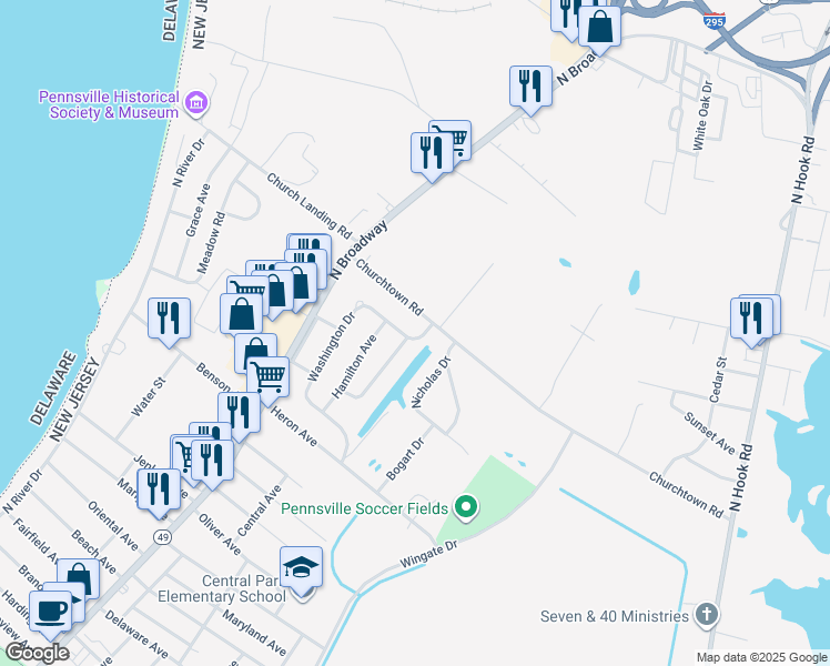map of restaurants, bars, coffee shops, grocery stores, and more near 45 Churchtown Road in Pennsville
