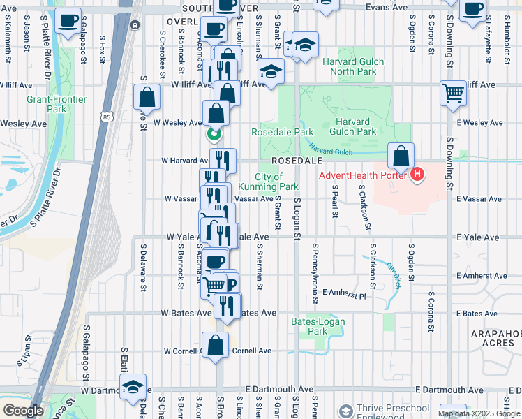 map of restaurants, bars, coffee shops, grocery stores, and more near 2626 South Sherman Street in Denver