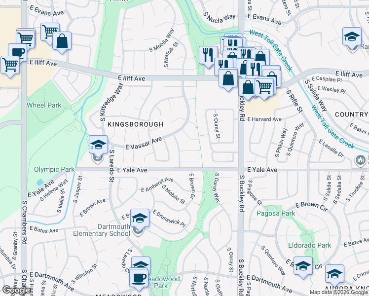 map of restaurants, bars, coffee shops, grocery stores, and more near 16511 East Villanova Place in Aurora