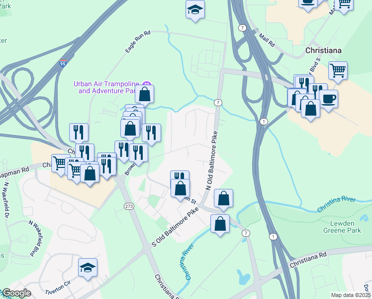 map of restaurants, bars, coffee shops, grocery stores, and more near 27 Browns Lane in Newark