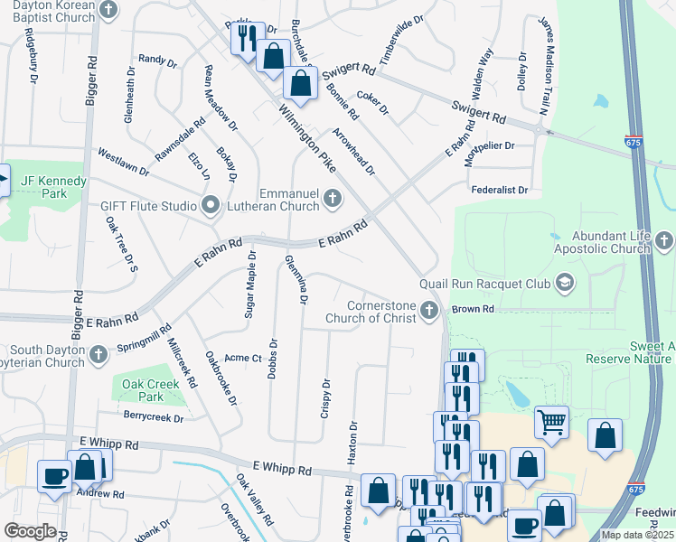 map of restaurants, bars, coffee shops, grocery stores, and more near 2543 Walford Drive in Dayton
