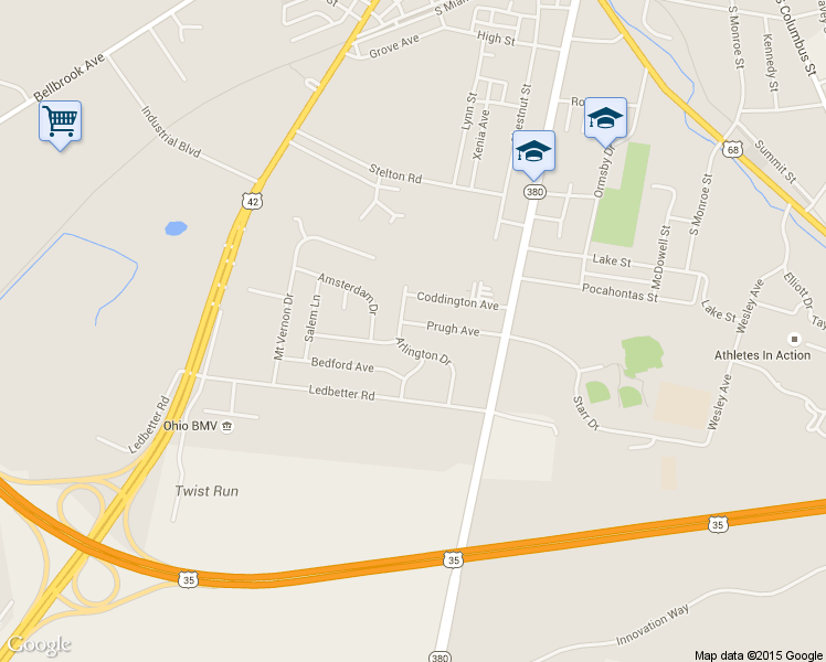 map of restaurants, bars, coffee shops, grocery stores, and more near 207 Prugh Street in Xenia