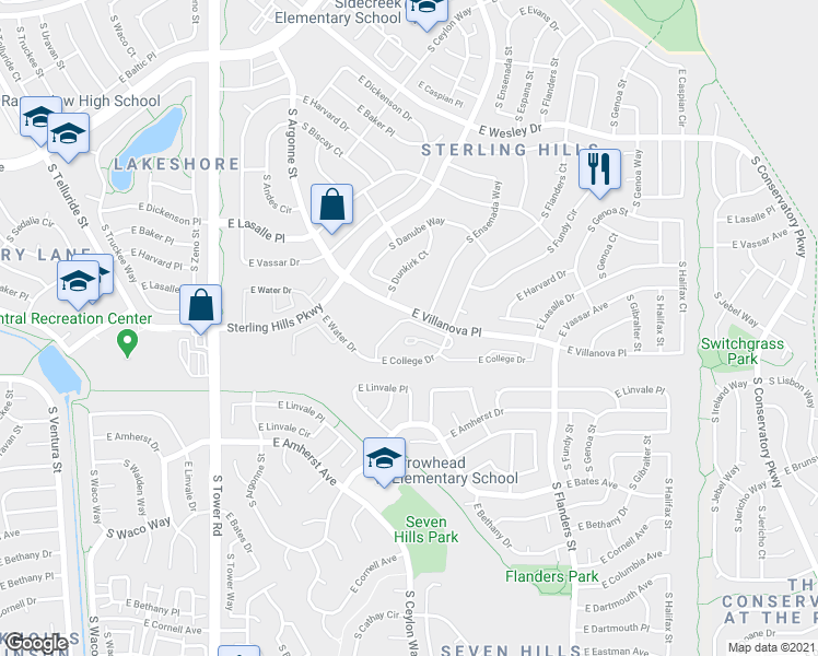map of restaurants, bars, coffee shops, grocery stores, and more near 2672 South Cathay Way in Aurora